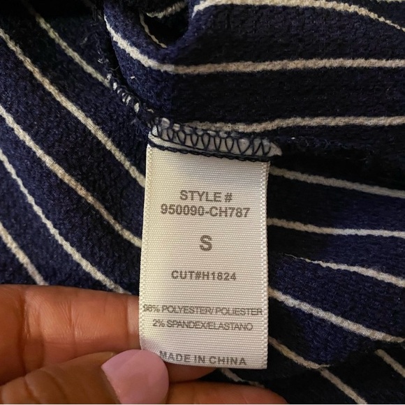 Have Navy and White long sleeves Striped midi Dress Shirt with front tie - Picture 9 of 12